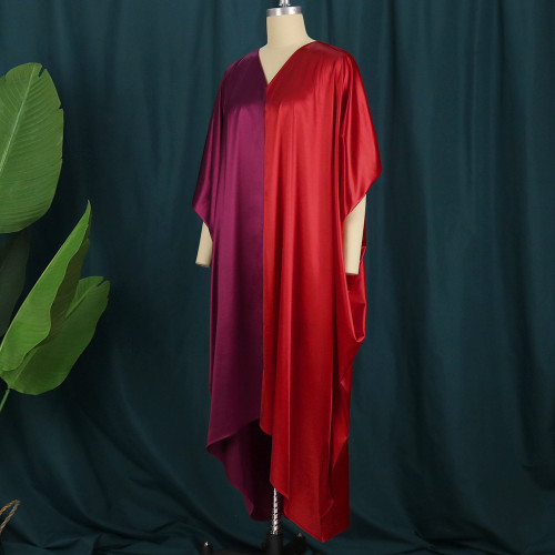 V-neck short-sleeved loose contrast color asymmetrical skirt performance costume women's dress