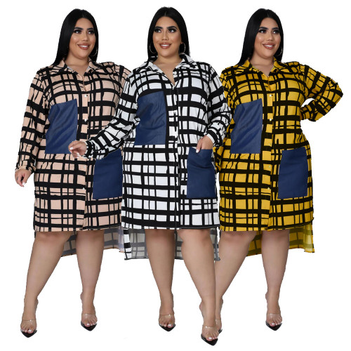 Check print stitching large size shirt dress