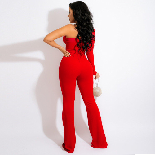 Sexy one-shoulder long-sleeved rhinestone jumpsuit