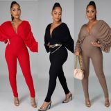 2021 autumn and winter high elastic solid color bat sleeve jumpsuit