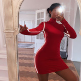 Spring and autumn pullover slim-fit temperament commuter mid-waist solid color short skirt tight-fitting long-sleeved dress