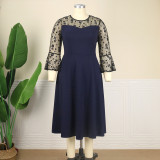2021 round neck splicing perspective lace flare sleeve high waist Ruffle party women's dress