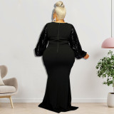 Plus size women's 2021 winter fashion dress with sequin sleeves stitching