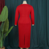 V-neck long sleeves high waist bag hip skirt stitching tassel party evening dress