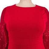 Plus size women's 2021 winter fashion dress with sequin sleeves stitching