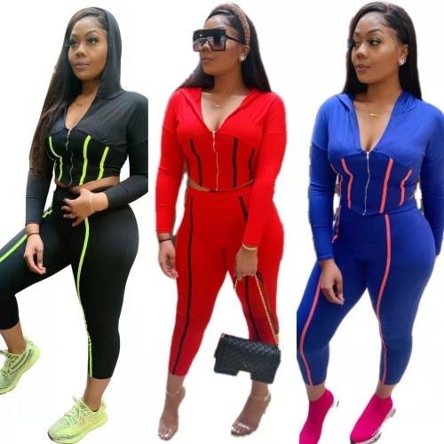 2022 early spring sports casual wear hooded zipper patch slim sexy two-piece suit