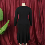 2021 round neck long sleeve splicing perspective mesh high waist Ruffle party women's dress