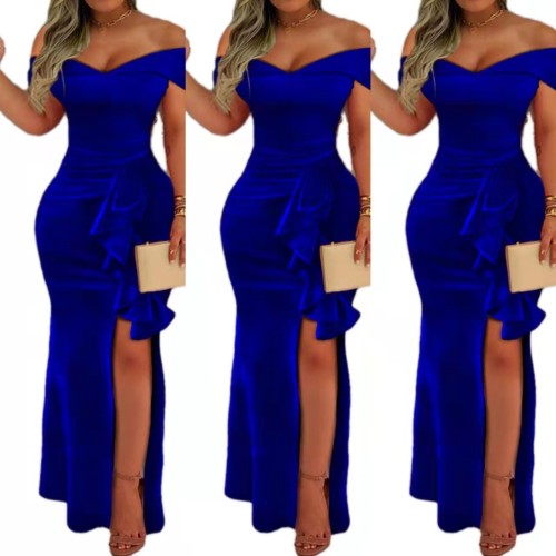 2022 spring velvet one-shoulder split long skirt tight-fitting solid color sexy dress evening dress