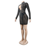See-through rhinestone mesh tight-fitting dress（With panties）