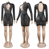 See-through rhinestone mesh tight-fitting dress（With panties）