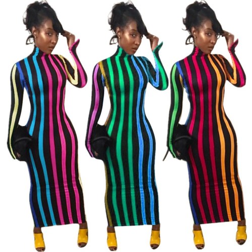 Striped high-neck tight-fitting long skirt spring dress
