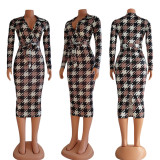 Autumn French Retro Fashion Sexy Tight Houndstooth Long Sleeve Dress
