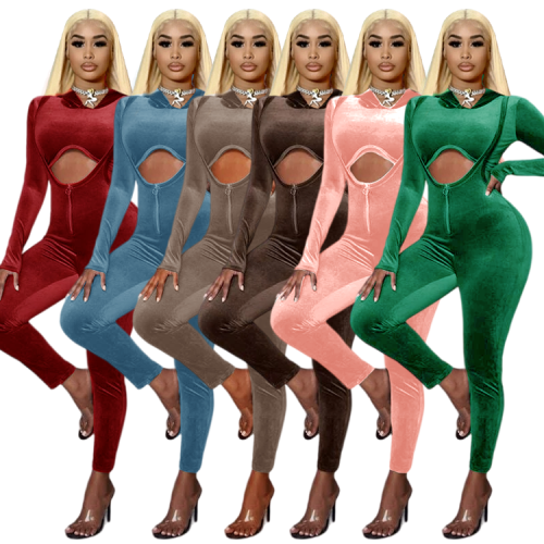 2021 aww women's solid color solid cut tight Hoodie set