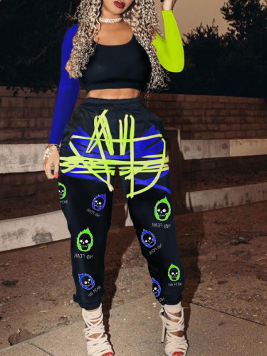 Autumn and winter 2021 new high waist slim casual sports printed contrast pants