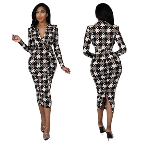 Autumn French Retro Fashion Sexy Tight Houndstooth Long Sleeve Dress