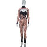 Autumn and winter sexy nightclub two-piece suit leopard print low-cut skinny jumpsuit