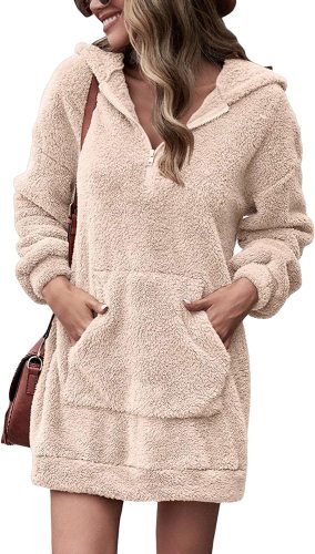 Winter casual loose hooded zipper loose lamb wool trench coat