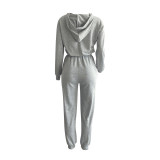 Autumn and winter solid color wide-leg slim-fit hooded sweater with navel two-piece set