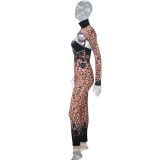 Autumn and winter sexy nightclub two-piece suit leopard print low-cut skinny jumpsuit