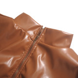Plus size women's fashion high neck zipper layered ruffled faux leather top