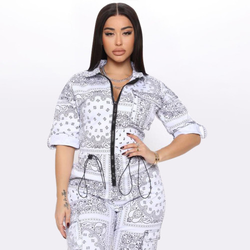 Autumn and winter fashion sexy lapel pull-up drawstring printing casual jumpsuit