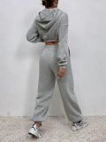 Autumn and winter solid color wide-leg slim-fit hooded sweater with navel two-piece set