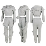 Autumn and winter solid color ruffled hooded casual two-piece suit