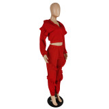 Autumn and winter solid color ruffled hooded casual two-piece suit