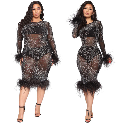 Fashion hot rhinestone sexy perspective long-sleeved feather bag hip dress (including underwear)