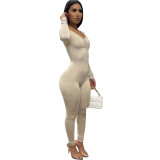 Spring sexy skinny V-neck pleated solid color long-sleeved jumpsuit