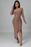 Solid color long-sleeved irregular waist dress for women