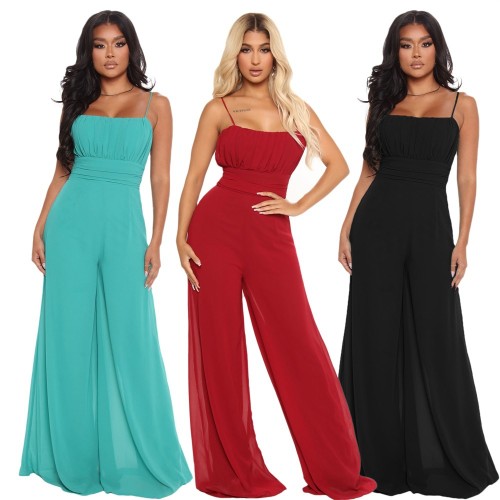 Spring and summer waist chiffon solid color sling women's jumpsuit