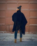 Winter premium deerskin velvet fringed shawl cloak coat