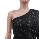 Solid color sequin strapless sexy dress