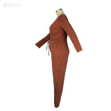Autumn 2021 new solid V-neck tight large Jumpsuit