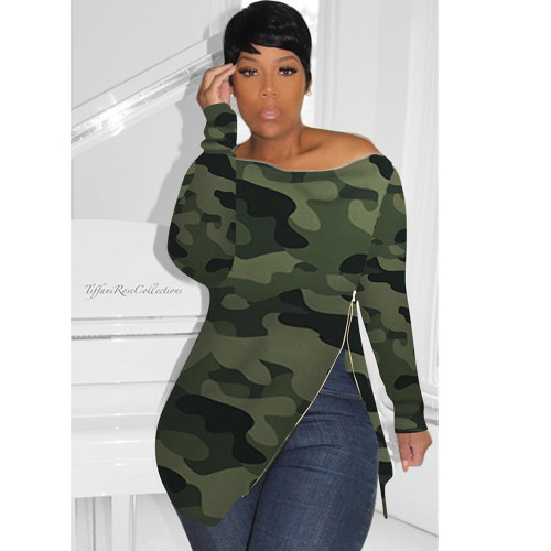 Camouflage one-shoulder plus size women's spring new T-shirt