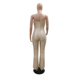 2022 spring sexy small V-neck sleeveless Strapless solid color wide leg pants fashion Beaded Jumpsuit