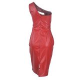 2021 autumn winter women's PU leather skirt new diagonal shoulder sexy tight split imitation leather dress