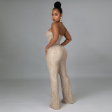 2022 spring sexy small V-neck sleeveless Strapless solid color wide leg pants fashion Beaded Jumpsuit