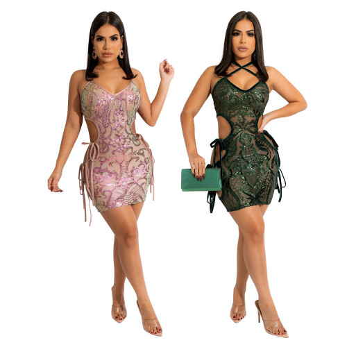 2022 spring and summer women's sexy backless bandage sleeveless hip bead nightclub party dress