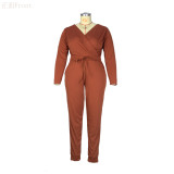 Autumn 2021 new solid V-neck tight large Jumpsuit