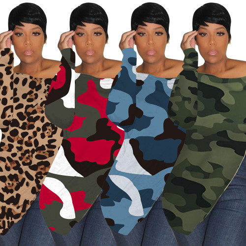 Camouflage one-shoulder plus size women's spring new T-shirt