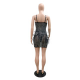 Spring 2022 women's suspender V-neck sexy perspective buttock feather hot Diamond Dress with underwear