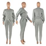 Mesh thread stitching irregular top drawstring sports and leisure two-piece pants suit