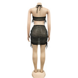Fashion sexy women's hot drilling mesh see-through strap hollow short skirt two-piece suit