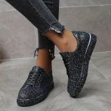 Spring and autumn new casual large size women's shoes sequins edging lace-up flat shoes