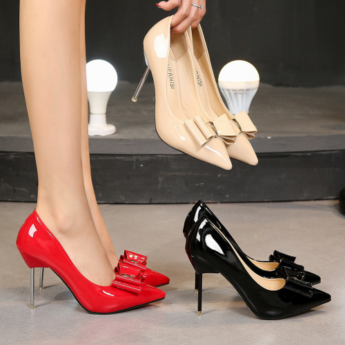 Fashion trendy stiletto pointed high heels small fragrance sexy professional single shoes women bow knot no lace single shoes