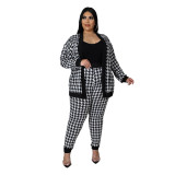 Autumn and winter plus size women's houndstooth pattern printing tie long-sleeved pants ladies black casual suit