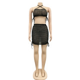 Fashion sexy women's hot drilling mesh see-through strap hollow short skirt two-piece suit