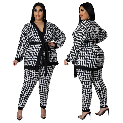 Autumn and winter plus size women's houndstooth pattern printing tie long-sleeved pants ladies black casual suit